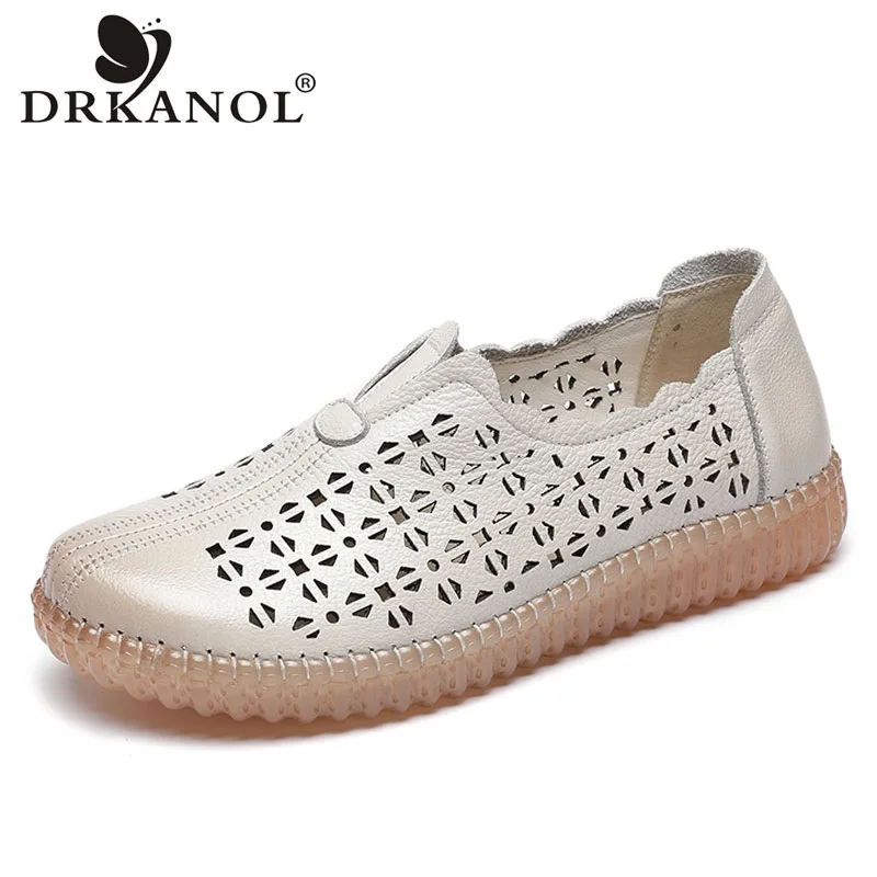 

DRKANOL Women Summer Flat Shoes Breathable Hollow Genuine Leather Slip On Casual Loafers Handmade Sewing Soft Mother Shoes