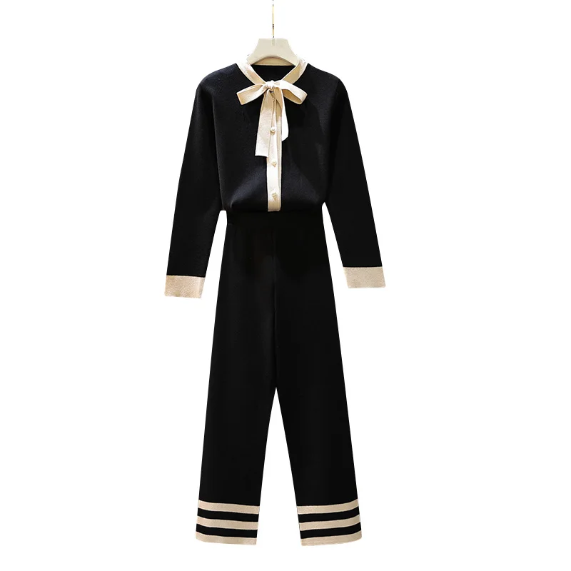 Женский костюм в полоску трикотажный кардиган брюки спортивный галстук-бабочка