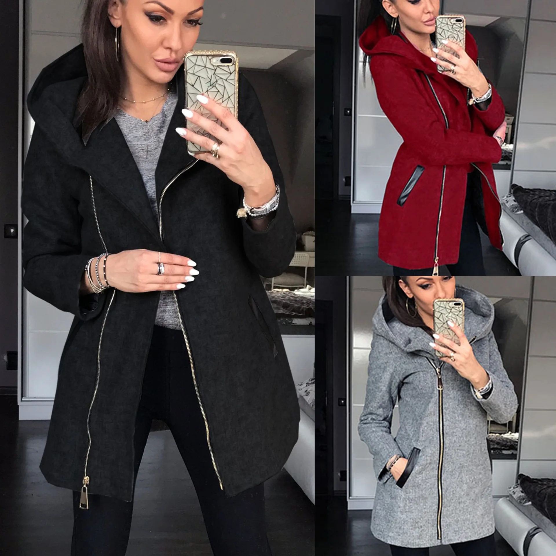

Autumn and winter new fashion solid color side zipper plus fleece jacket hooded jacket women