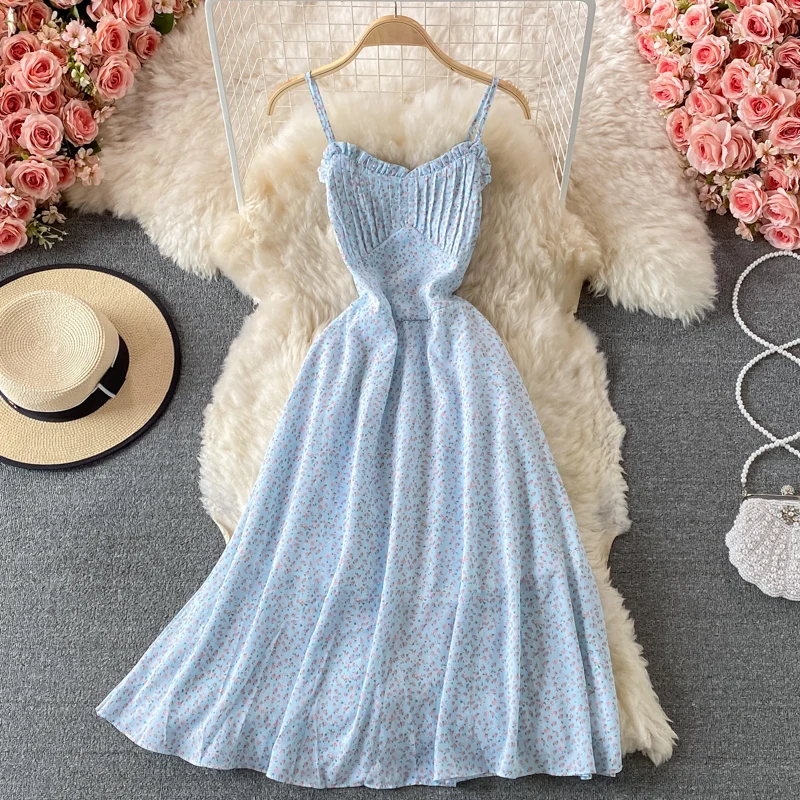 

Uulutonica Summer Women Elegant Fashion A-line Print Sleeveless Folds Knee-length Spaghetti Strap Empire Square Collar Dress