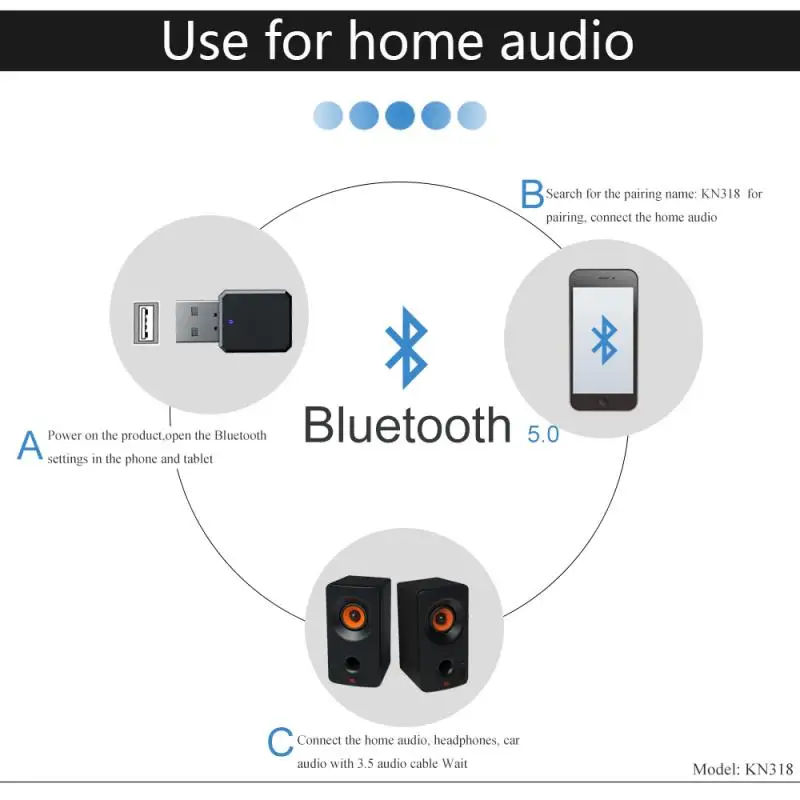 Аудиоприемник KN318 Bluetooth 5 1 двойной выход AUX USB стерео для автомобиля беспроводной