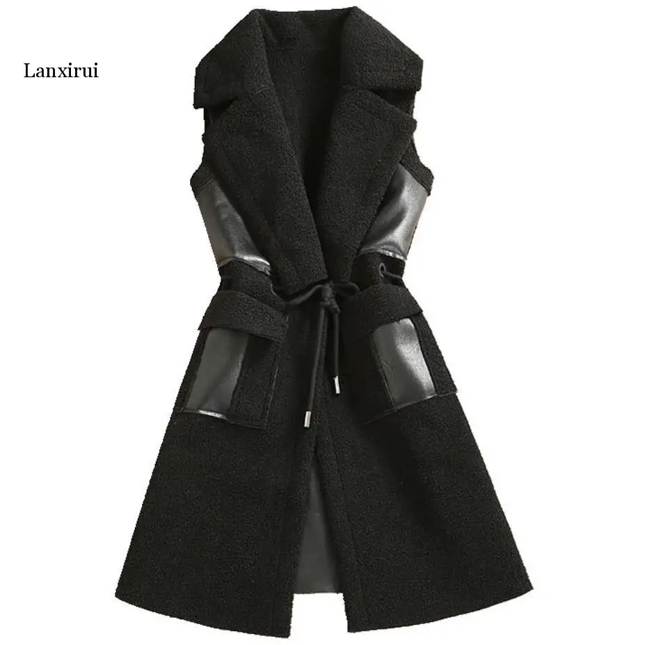 Зимний черный кожаный жилет женская меховая куртка без рукавов теплый длинный с