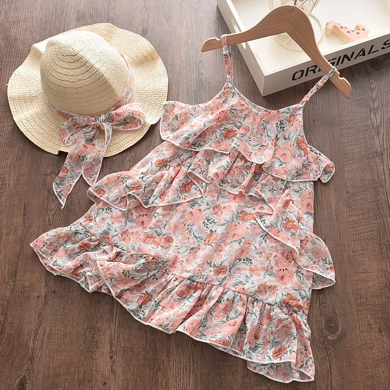 

2021 Summer New Girl Dress Chiffon Flower Fashion Suspender Skirt Bohemian Beach Holiday Children's Dress