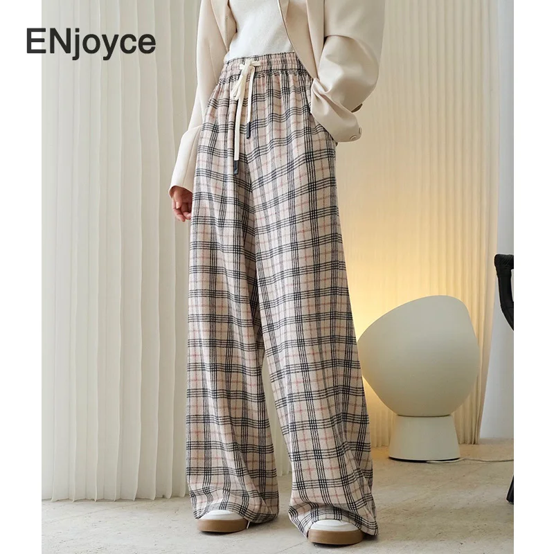 

Vintage Camel Plaid Straight Pants Women Wool Trousers Streetwear Ladies Wide Leg Harem Streetpants Causal Loose Pant Winter