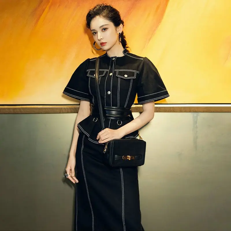 

2021 Gulinaza Celebrity Style Black Denim Suit Jacket Top Waist-Tight Slimming Skirt Two-Piece Suit Skirt