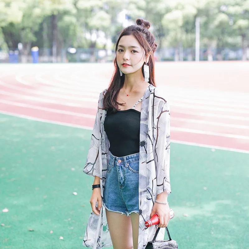 Летняя Милая женская блузка с длинным шифоновым принтом одежда для защиты от