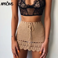 aproms elegant handmade cotton crochet mini skirts women summer high waist bow tie skirt ladies beach bikini bottoms saias 2021