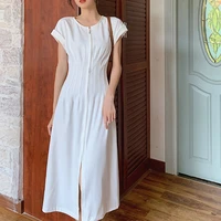 summer elegant womens office white dress korean dress solid color zipper short sleeve mixi dress 2021 vestidos
