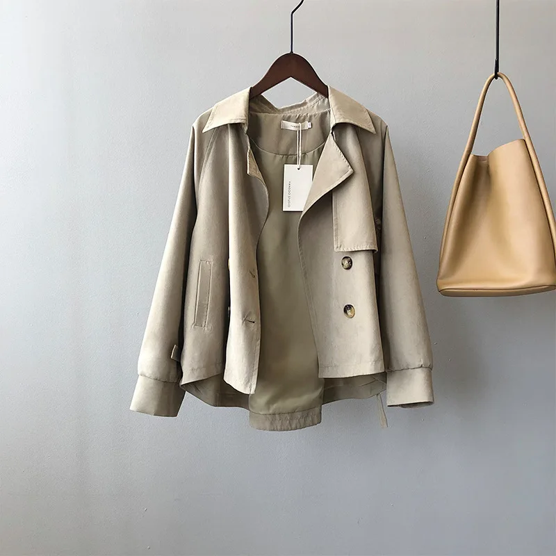 

2020 Autumn New Retro Small Short Windbreaker Womens Double Breasted Chic Oversized Temperament Jacket Female For Fashionable