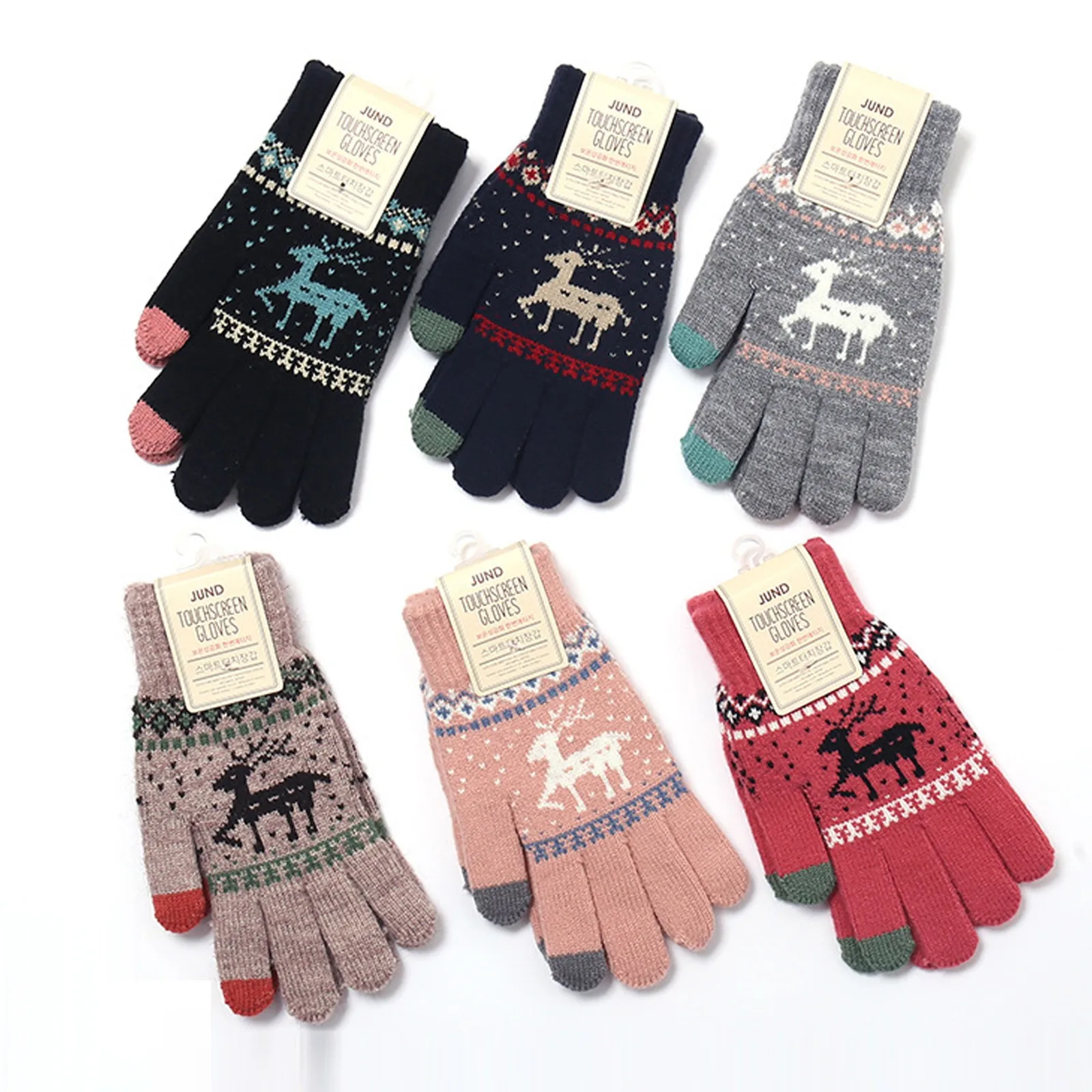 

Модные зимние подарочные вязаные плотные перчатки с рождественским принтом оленя для женщин милые бархатные плотные перчатки с пальцами д...