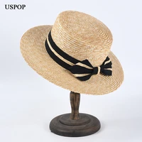 uspop new straw sun hats women bow knot wheat straw hats female flat top beach hat summer hats