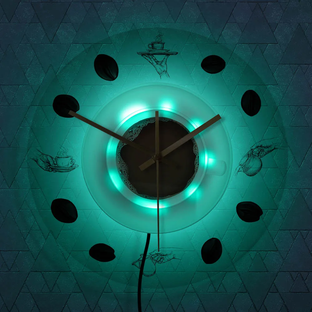 7 Colors LED Кофейные ручные кофейные бобы настенные часы с светодиодный подсветкой современный дизайн кофейная кружка Reloj De Pared кухонные акриловые настенные часы - Цвет: 7 Colors LED