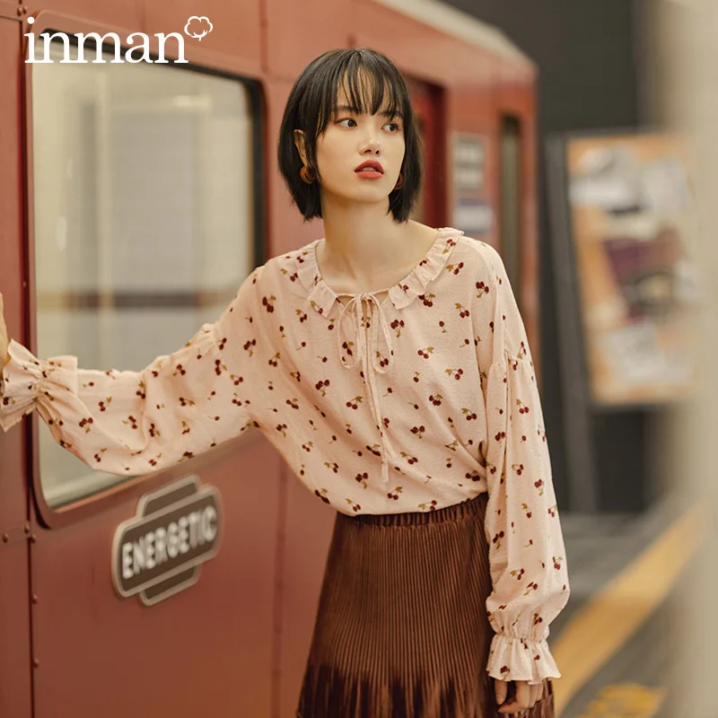 Женская рубашка в романтическом стиле INMAN весенне осенняя блузка горошек с