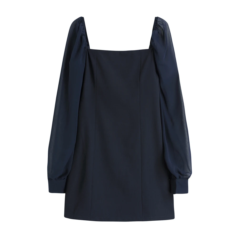 

COIGARSAM Sexy Women dress New Spring Lantern Sleeve Backless Dresses Dark Blue 6515