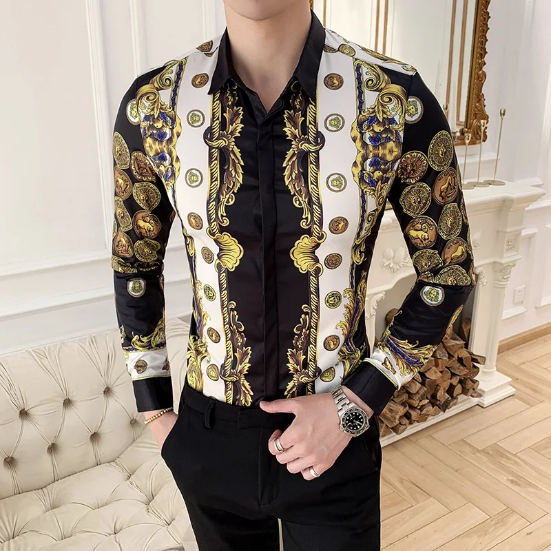 

Luxurious Badge Shirts for Men 2021 Vintage Slim Camisa Masculina Short Sleeve Casual Shirt Social Party Nightclub Men Clothing