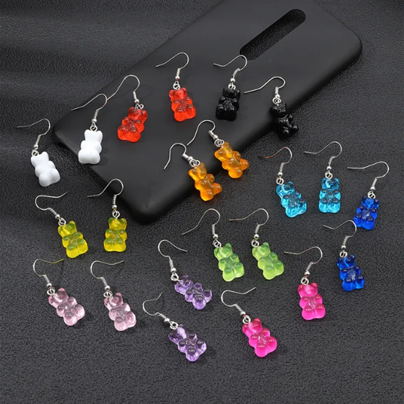 

Cute Bear Color Resin Chain Earrings Sweet Transparent Perforated Female Ears Cute Multi-color Earrings Student Jewelry Gifts