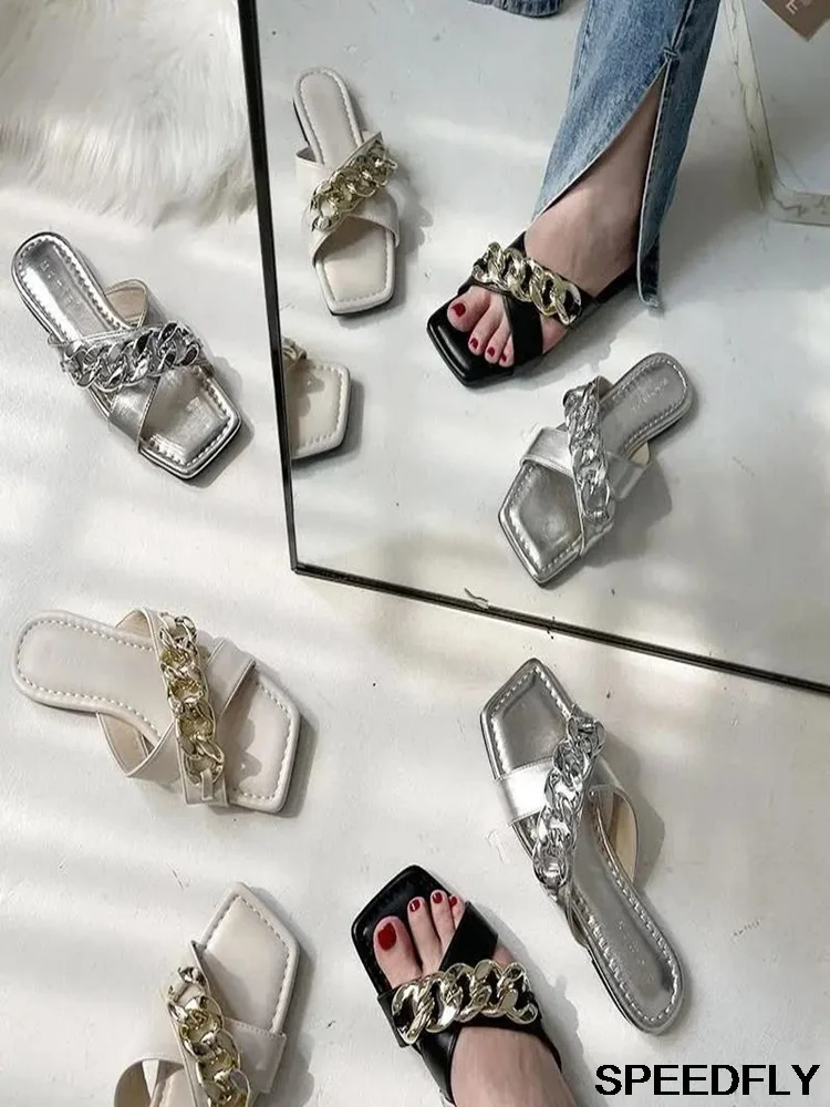 

Explosive Schuhe Frauen 2021 Neue Stil Flache Sandalen Frauen Sommer Kleidung Kette Kleine Duft INS Trend Hausschuhe