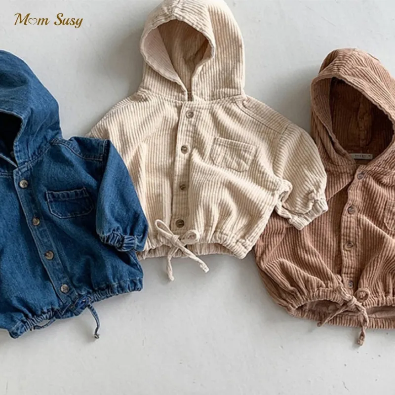 

Baby Girl Boy Corduroy Hooded Jacket Infant Toddle Child Jean Coat Blazer Outwear String Drawing Spring Autumn Baby Clothes 1-7Y