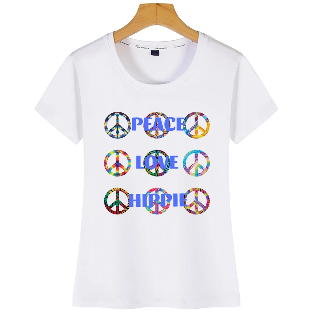 Топы Футболка женская Peace Love Hippie знаки модные надписи короткая футболка | Женская