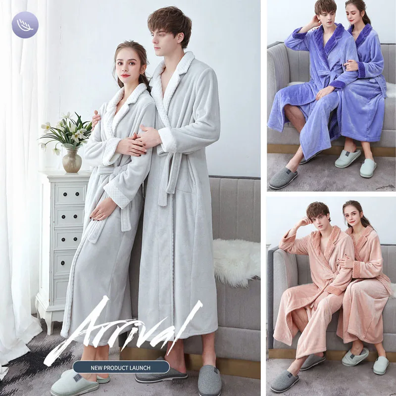 Flannel Bathrobe Pajamas Winter Plus Long Hooded Couple Nightgown Ladies Plus Fertilizer XL Coral Fleece Bathrobe Sleepwear