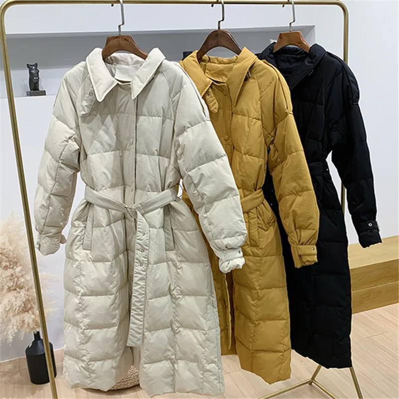 Женский однобортный пуховик на белом утином пуху Повседневная Толстая теплая длинная куртка свободного