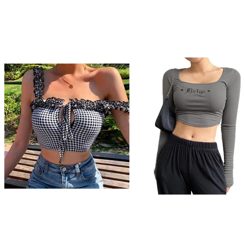 

Check Camisole Female Outerwear Ins Sleeveless Top Black S & Letter Embroidery Knitted Crop Top Long Sleeve S