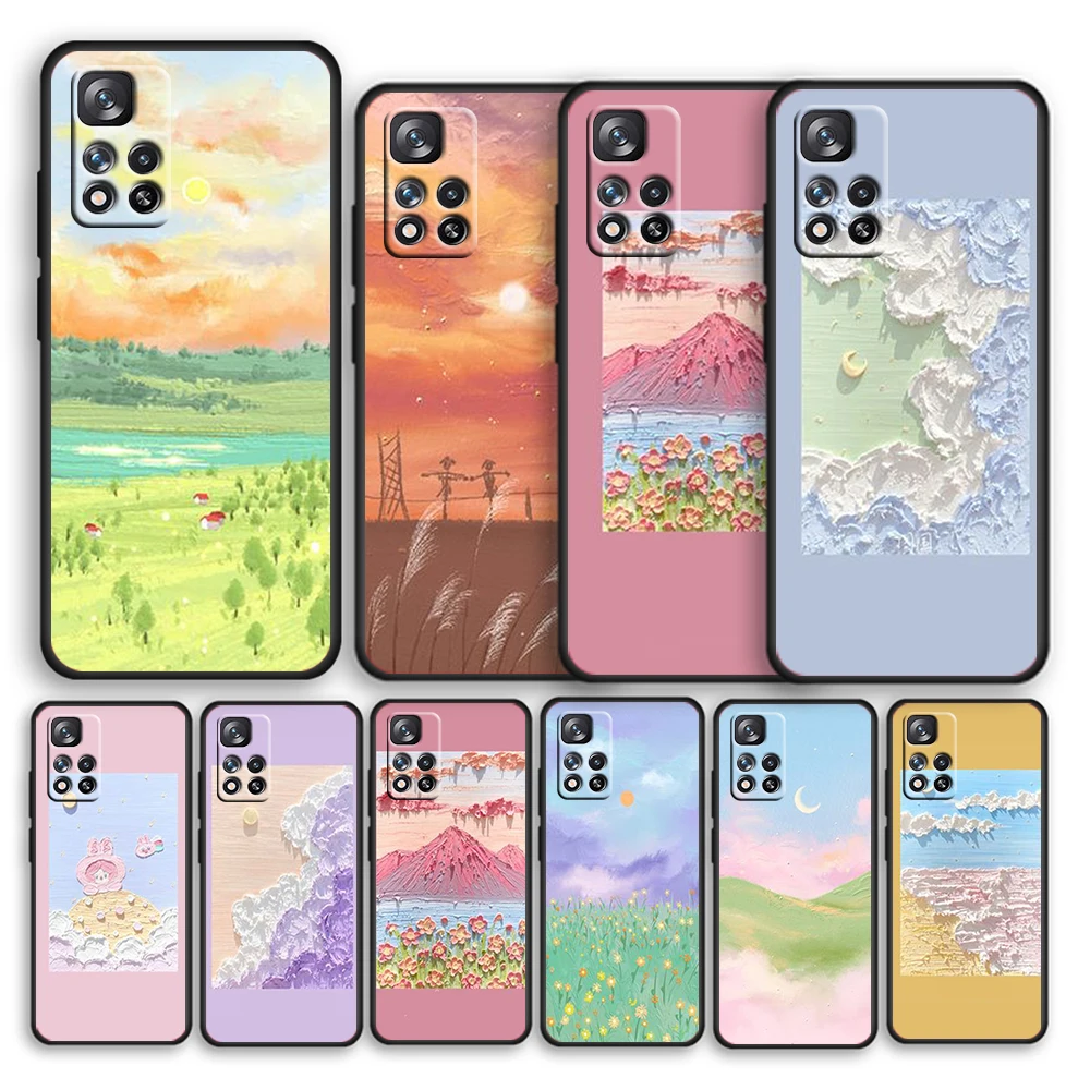 

Nature landscape painting For Xiaomi Redmi Note 11 10T 5G 9T 9S 8T 7 6 Pro Max Plus 5A 4 Silicone Soft Black Phone Case