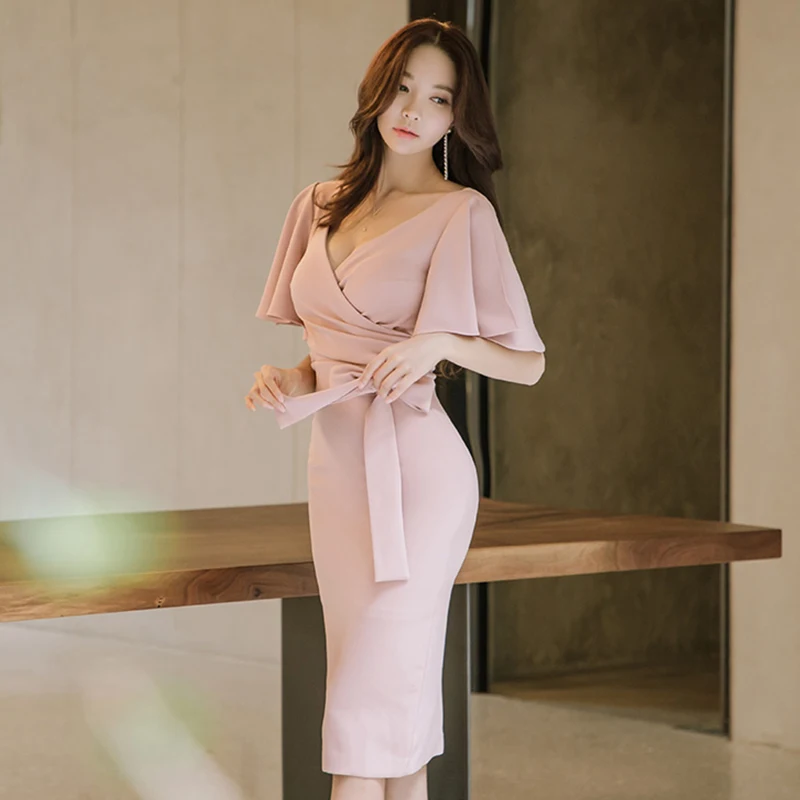 

Pink Sexy Dress Women Summer Fashion Empire Short-sleeve V-neck Sheath Boho Casual Slim Bag Hip Beautiful Party Dresses Vestidos