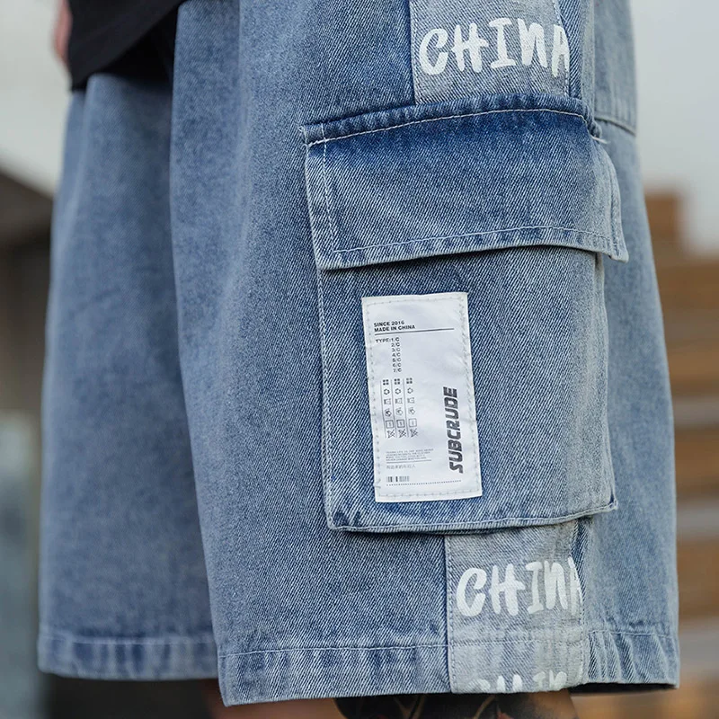 

Summer men's stitching denim shorts functional multi-pocket workwear shorts Harajuku fashion hip-hop fashion loose Street pants