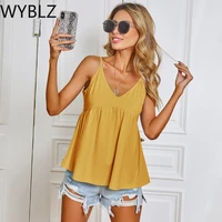wyblz 2021 summer women new solid color fashion v neck sling stitching loose vest casual splice pleated halter sling tops