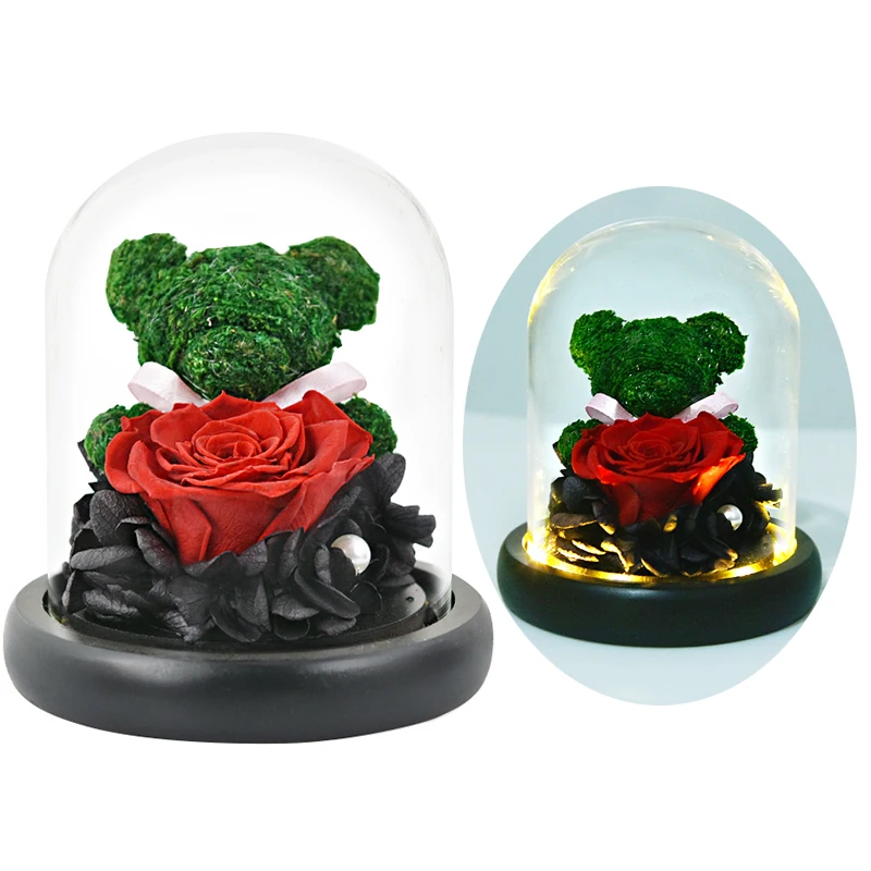 17cm Green Bear Ligh Красота и чудовище, искусственные цветы, вечная Золотая фольга, роза, светодиодный светильник, стеклянный купол, ночник, подарок на день рождения для девочек - Цвет: 17cm Green Bear Ligh