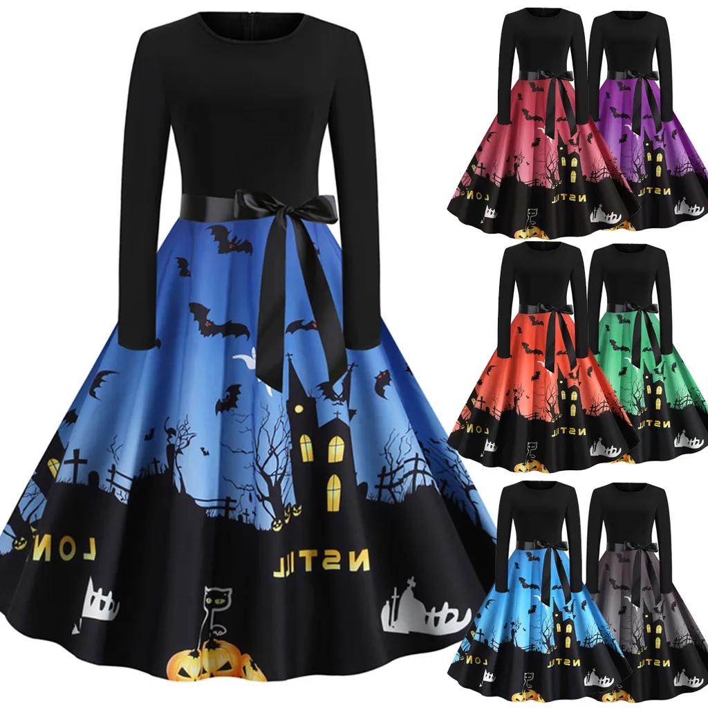 Сексуальное женское платье на Хэллоуин с принтом круглым вырезом длинным
