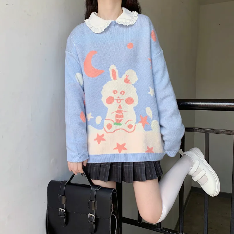 

Japanese Korean Style Soft Girl Sweater Kawaii Full Pullover Knitting Sweater Sweet Rabbit Cartoon Print Women Sweater Knit Tops