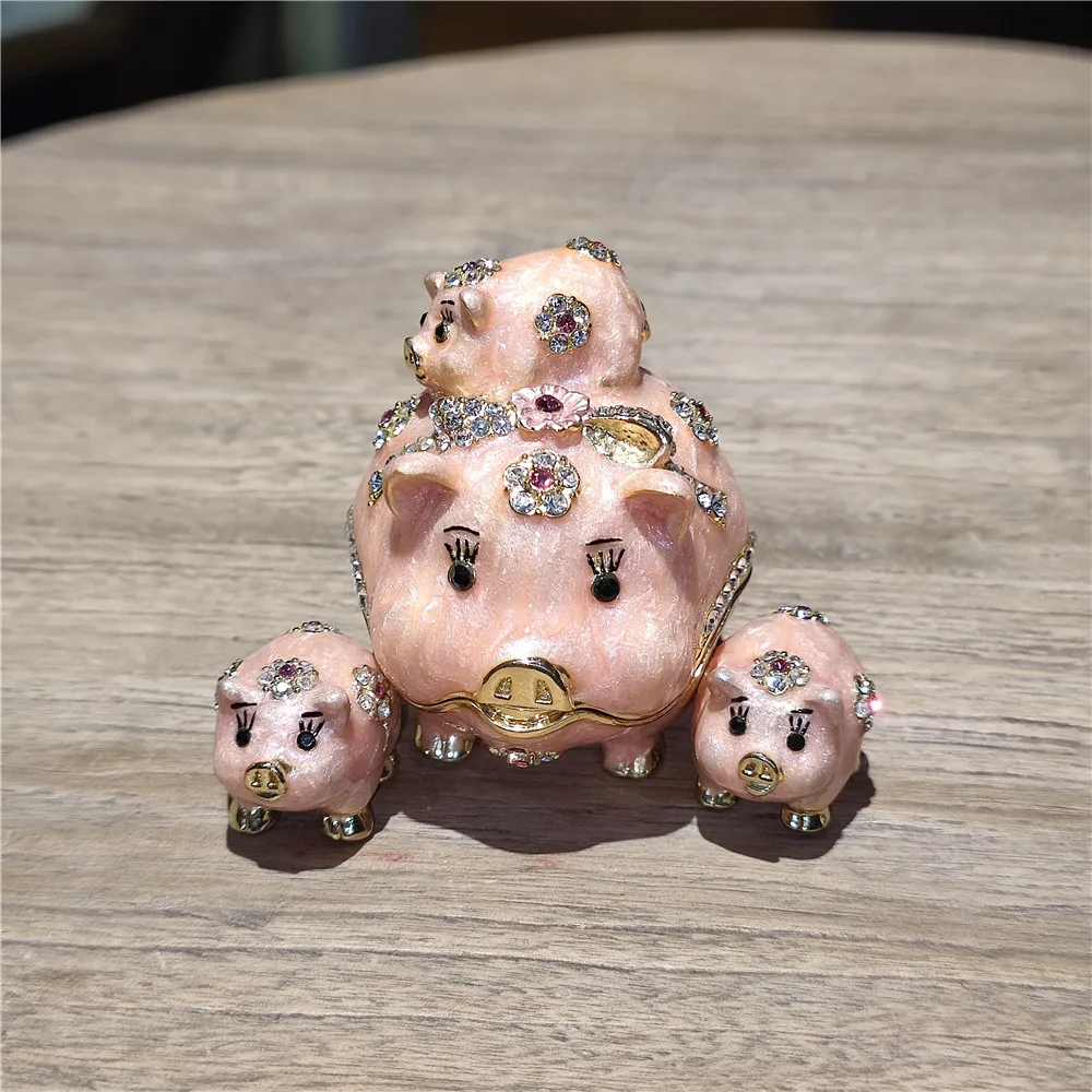 Pewter Pig Trinket Jewelry Box Creative Cute Gifts Metal Craft Collectibles Animal Mother with Three Baby Keepsake Case