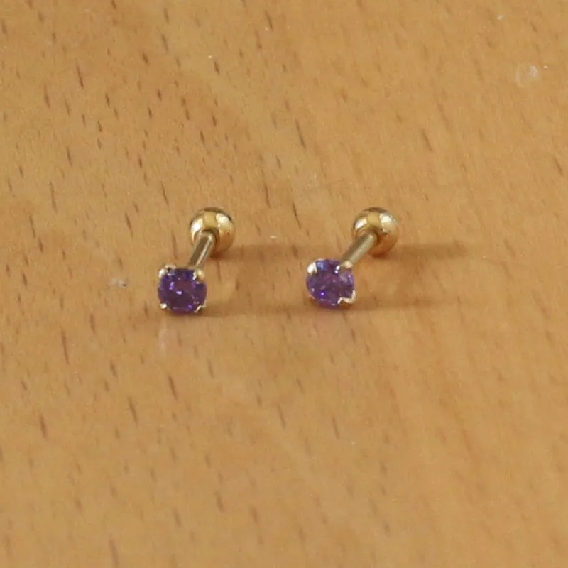 

Titanium Gold-color Plated Screw Stud Earrings With Mini 3mm Purple AAA Zircon 316L Stainless Steel No Fade Allergy