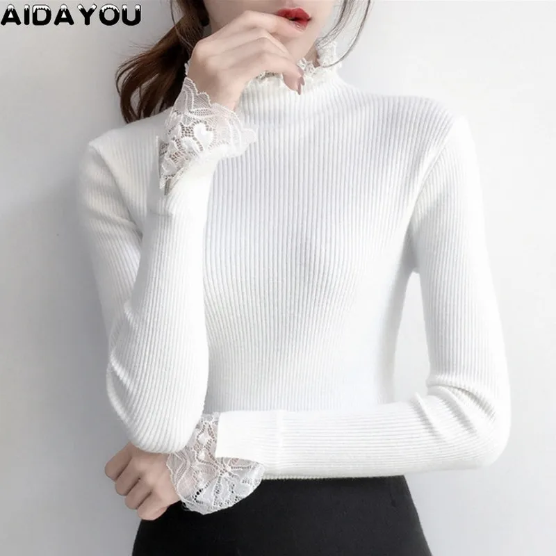 

Женские свитера, корейский пуловер, модные пуловеры на осень и зиму, облегающий вязаный свитер с рюшами на шее и рукавах ouc1841