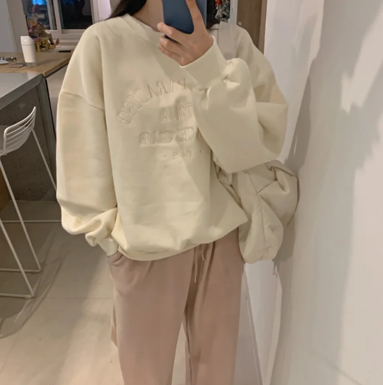 

Loose Long-sleeved Pullover Plus Velvet Sweatshirt Women Korean Chic Apricot Round Neck Woman Hoodie Letter Embroidery
