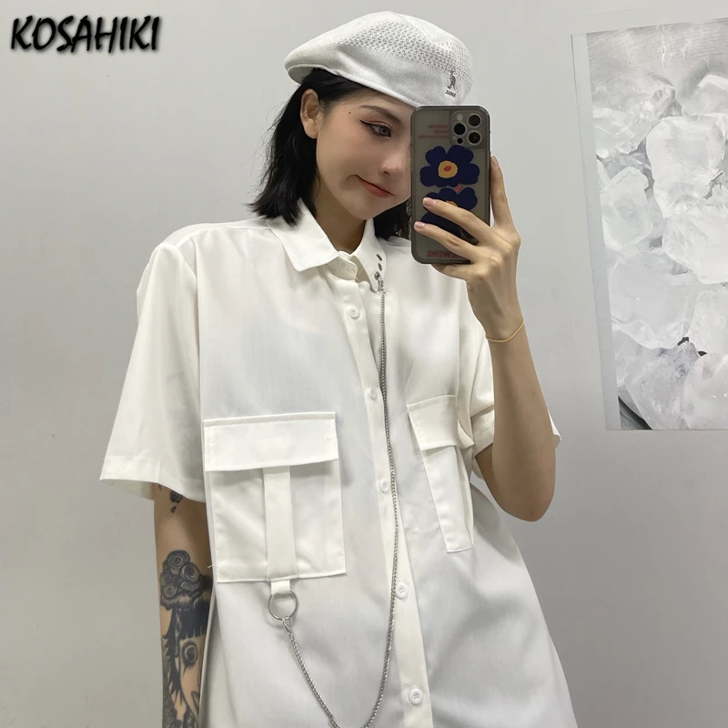 

Летняя Корейская свободная однотонная белая блузка koshiki с отложным воротником, женская уличная одежда в стиле Харадзюку, модная рубашка с к...