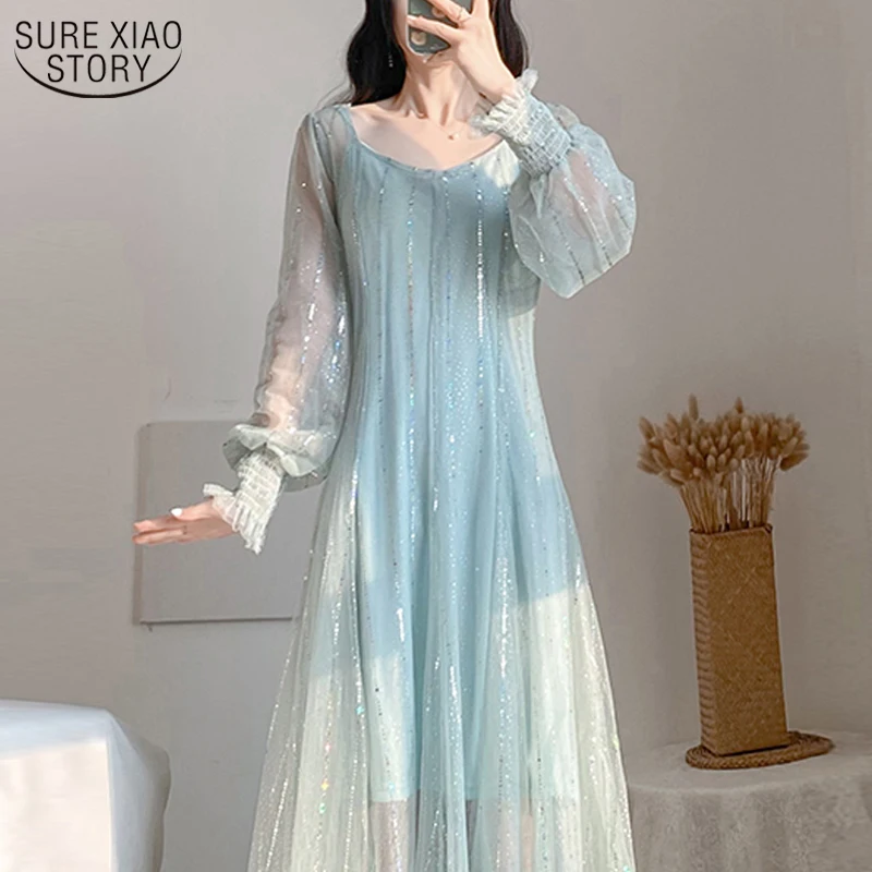 2021 Летнее Длинное Элегантное платье из сетчатой ткани с длинным рукавом платья