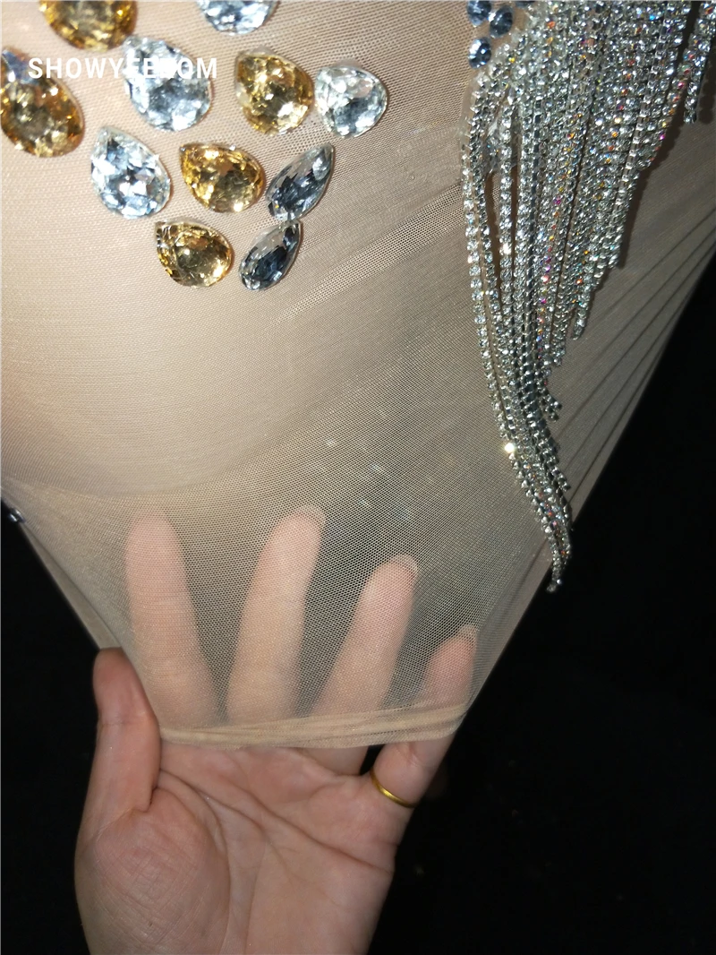 Women Rhinestones Fringes Dress Stage Wear Transparent elastic mesh Singer Evening Performance Tassel dress short | Тематическая