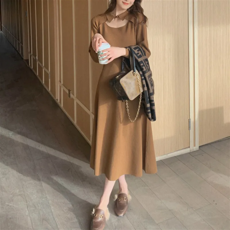 

Women Spring Winter Knit One Piece Dress Female Casual Long Sleeve Evening Party Dress Korean 2021 Elegant Office Sweater Dress