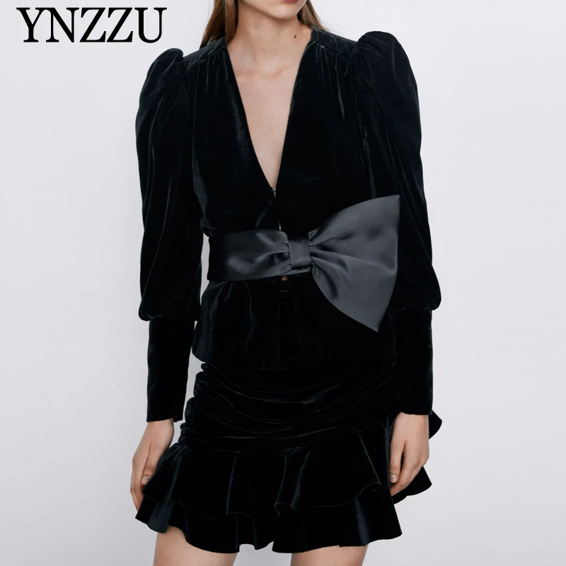 Винтажный женский черный бархатный пиджак с бантом Модный жакет пышными