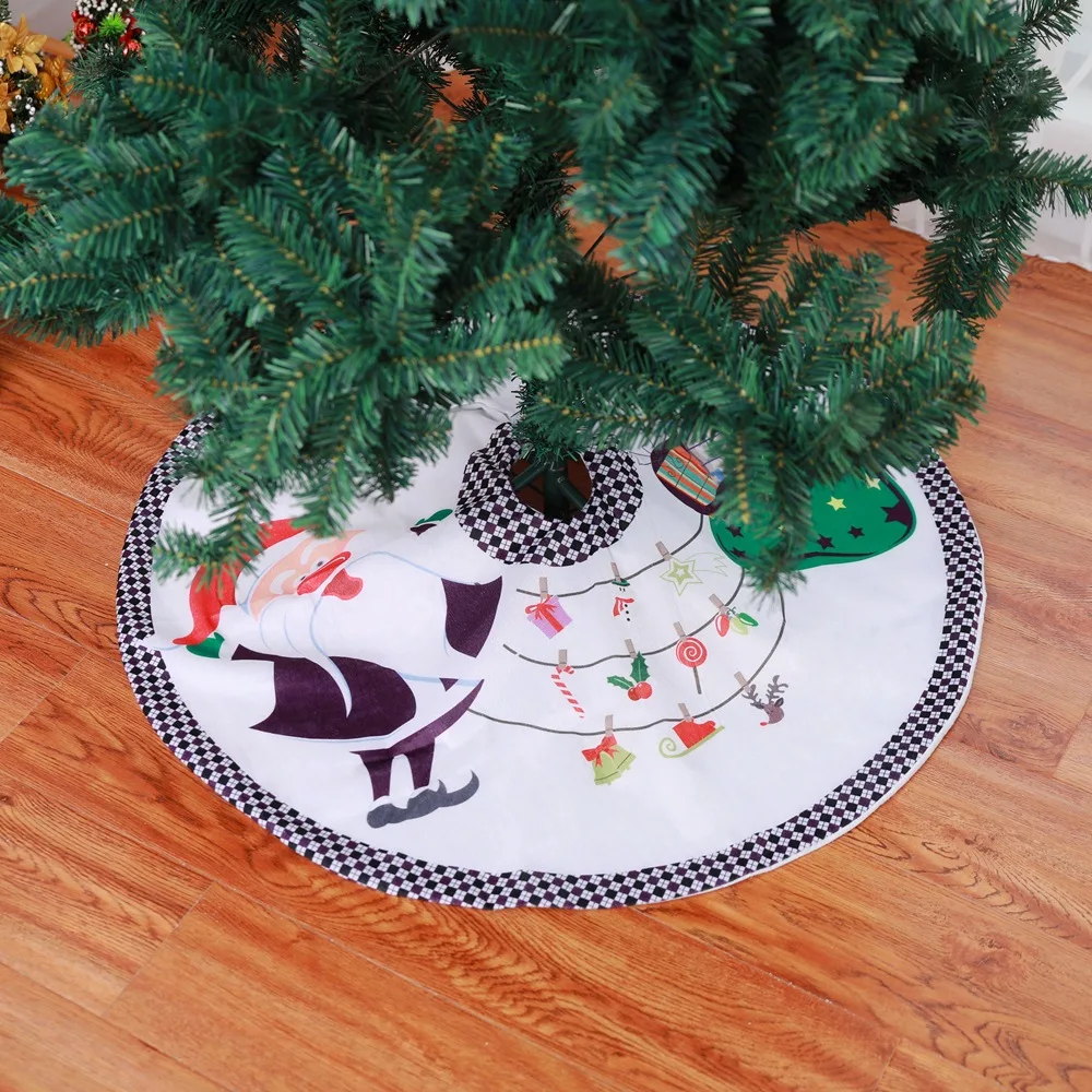 

90cm Christmas Tree Skirts Short Plush Cartoon Santa Xmas Tree Skirt Cover White Printed Floor Mat Xmas Decor Carpet New Year 1p