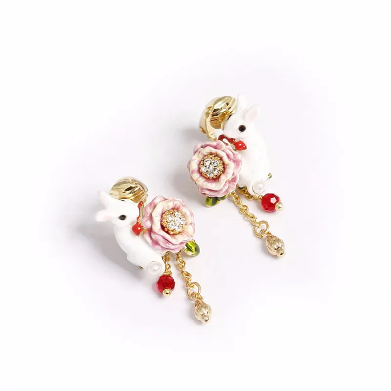 

Rose White Snow Series Cute Rabbit Diamond Flower Stud Earrings 925 Silver Needle Rural Style Adjustable Ear Clip Earrings