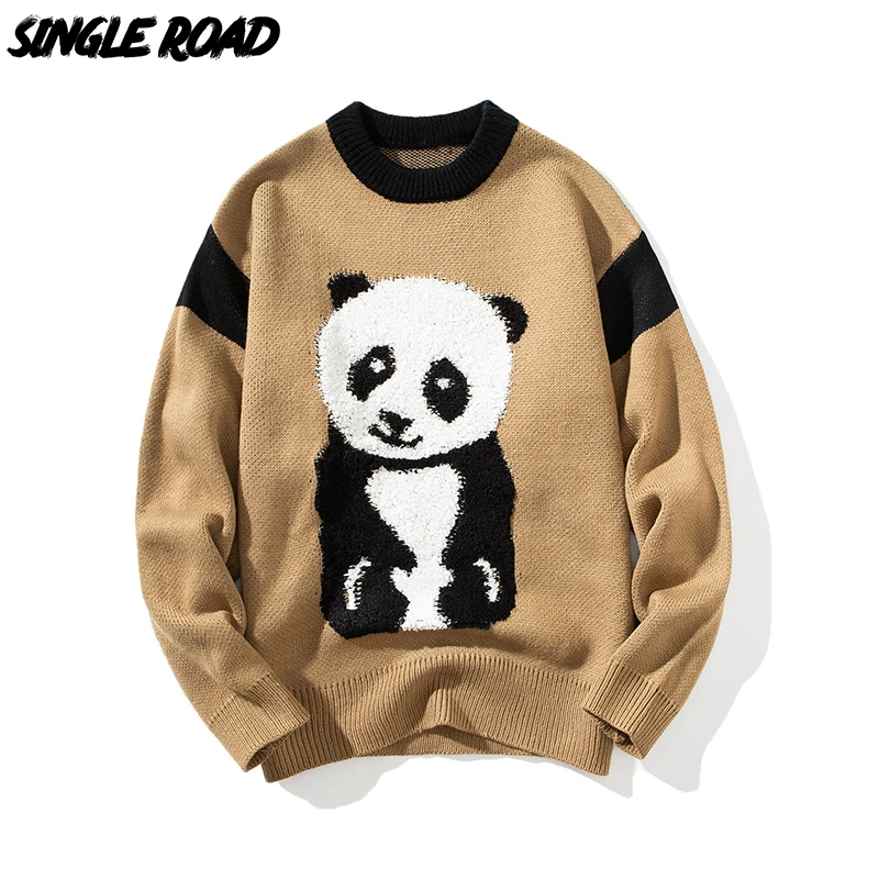

Single Road Mens Knitted Sweater Men 2021 Winter Panda Patchwork Sweaters Pullovers Jumper Oversized Casual Khaki Sweater Men