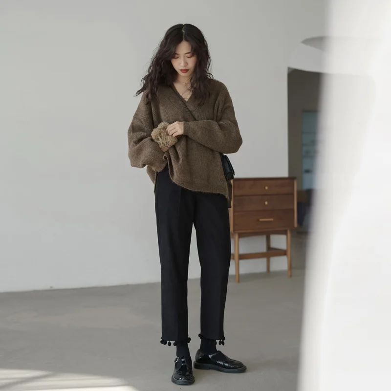 Вязаная Женская осенне-зимняя одежда французский Свободный пуловер свободного