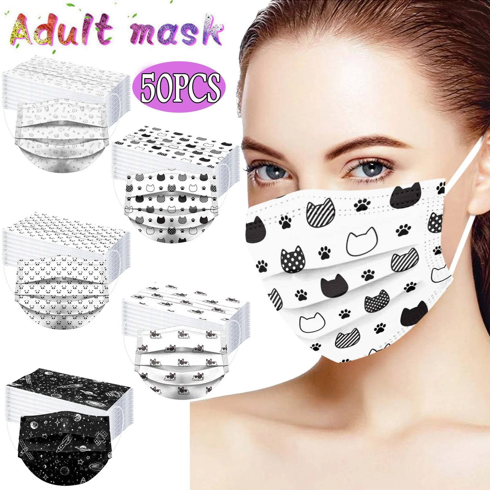 

50pcs Adults Cartoon Animal Print Disposable Face Mask 3 Ply Earloop Masks Mascarillas Halloween Cosplay Mondmaskers Masque Mask