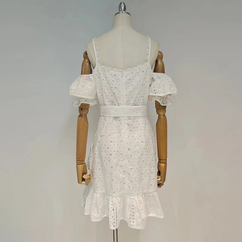 

VGH White Hollow Out Patchwork Ruffle Dress For Women V Neck Short Sleeve High Waist Sashes Slim Mini Dresses Female 2021 Summer