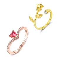 new and simple creativity golden rose couple rings adjustable opening heart shaped red zircon gold ring pink charms bague femme