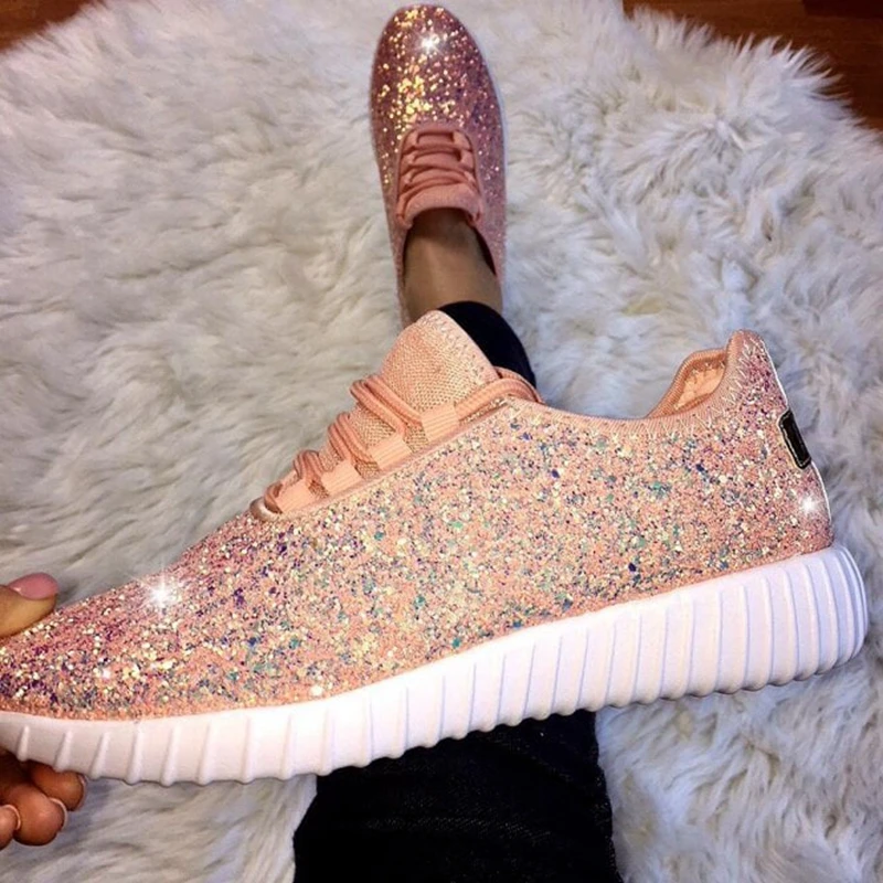 

Women Flat Glitter Sneakers Casual Bling Vulcanized Shoes Female 2020 Mesh Lace Up Platform Size Fashion Ladies